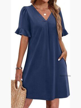 Summer Shift Dress with Ruffle Sleeves V-Neck Pockets Casual Wear